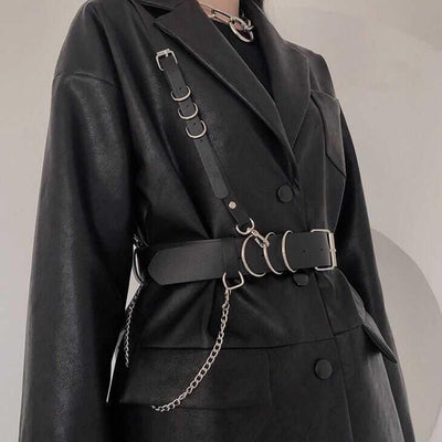 Black waist belt with single shoulder strap, silver buckle, D-rings, and decorative chain. - Image 6