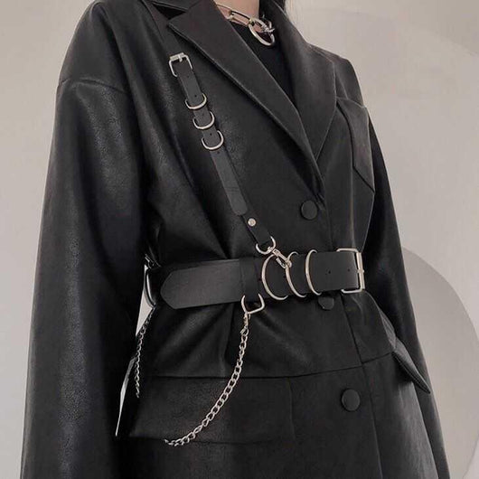 Black waist belt with single shoulder strap, silver buckle, D-rings, and decorative chain. - Image 6
