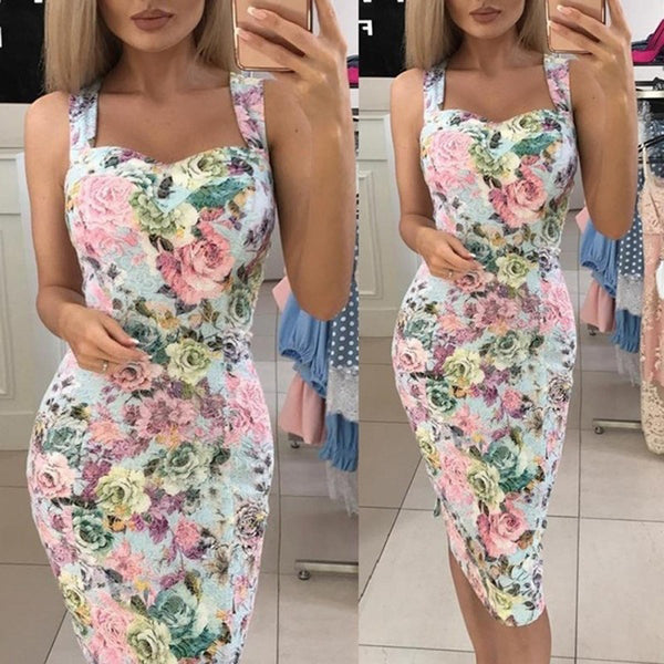 Vestido Midi Entallado con Estampado y Tirantes Delgados