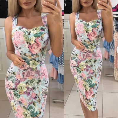 Vestido Midi Entallado con Estampado y Tirantes Delgados