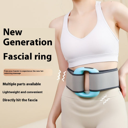 Pink mini fitness massage gun with an LED screen, shown with a power cable and a gray waist belt.