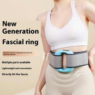 Pink mini fitness massage gun with an LED screen, shown with a power cable and a gray waist belt.
