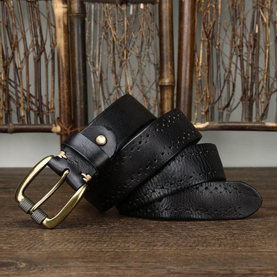 Cinturón Retro de Cuero Genuino con Diseño Calado y Hebilla Casual