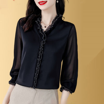 Blusa Elegante de Chifón Liso con Manga Larga para Mujer