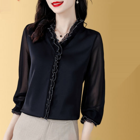 Blusa Elegante de Chifón Liso con Manga Larga para Mujer