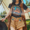 Playera Retro Americana Estampada de Manga Corta para Mujer