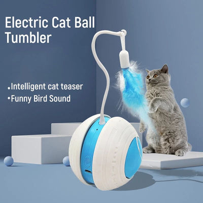 Electric pet toy ball with white and blue design, featuring a flexible arm with a blue feather teaser and a detachable feather. - Image 5