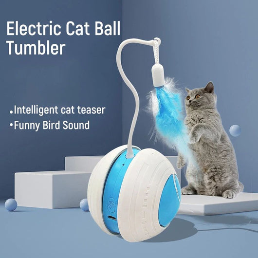 Electric pet toy ball with white and blue design, featuring a flexible arm with a blue feather teaser and a detachable feather. - Image 5