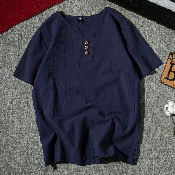 Camiseta Casual Hombre Algodón y Lino Manga Corta Colores Sólidos