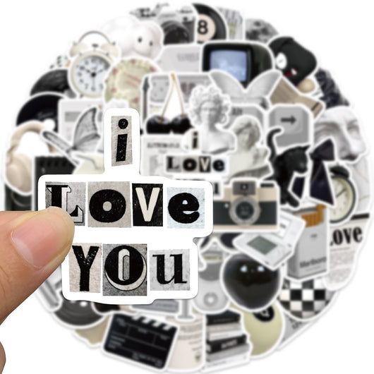 61 black and white aesthetic stickers featuring various objects like cameras, cats, skulls, and text for personalization. - Image 11