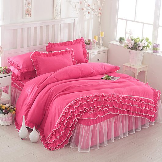 Juego de Cama Princesa con Encaje - Cubrecama Estilo Falda de Cama Cuatro Piezas Color Sólido - Image 7