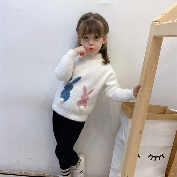 Suéter Infantil de Terciopelo Suave con Conejos - Manga Larga Cuello Redondo
