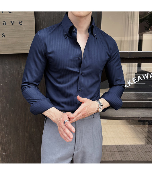 Camisa de Vestir Manga Larga a Rayas para Hombre con Cuello Italiano - Image 10