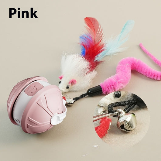 Green and white electric intelligent pet laser toy ball with power button, shown with mouse and worm attachments. - Image 5
