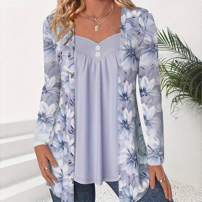 Blusa Estampada Dos en Uno con Botones y Mangas Largas - Image 4