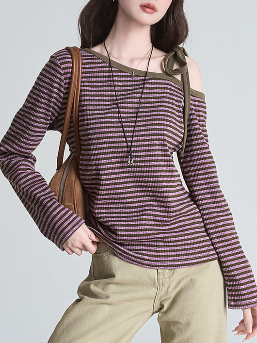 Blusa Slim Rayas Moradas con Hombros Descubiertos Manga Larga - Image 13