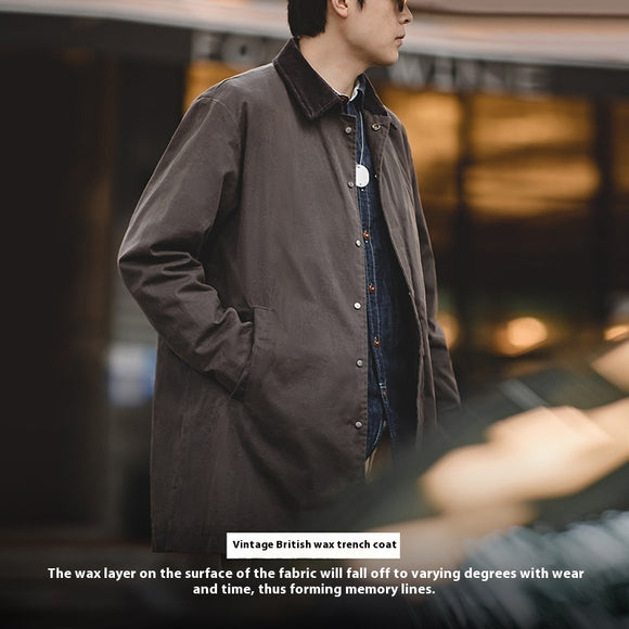 Abrigo Impermeável de Lã Encerada Estilo Britânico Marrom - Gabardine Retrô Masculina