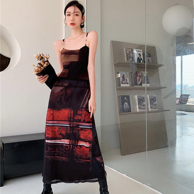 Vestido Retro Ajustado de Malla Manga Larga con Estampado