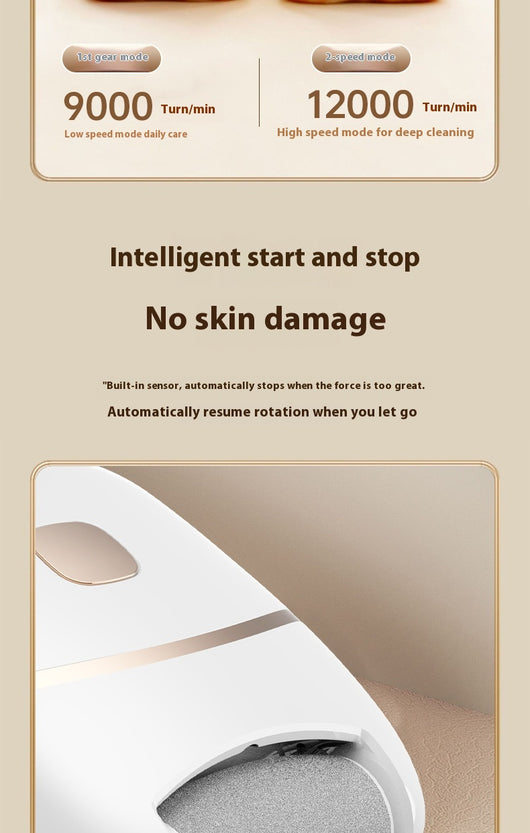 White and gold electric foot callus remover with a roller head, a replacement roller, cleaning brush, and USB cable. - Image 9