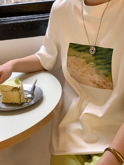 Playera de Algodón con Estampado de Pintura Artística para Mujer - Image 4