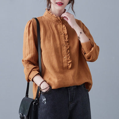 Blusa Retro de Algodón y Lino Talla Grande Mujer Blanca Casual Manga Larga con Encaje - Image 3