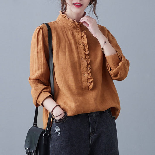 Blusa Retro de Algodón y Lino Talla Grande Mujer Blanca Casual Manga Larga con Encaje - Image 3