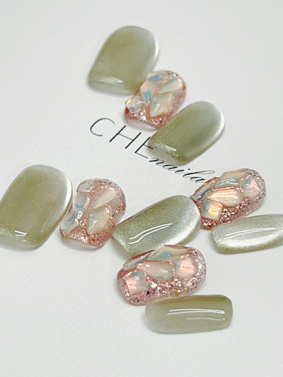 Calcomanías de Uñas Ojo de Gato Verde Armadura Hecha a Mano - Image 5