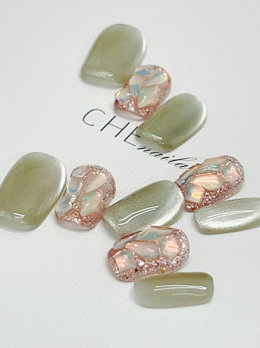 Calcomanías de Uñas Ojo de Gato Verde Armadura Hecha a Mano - Image 5