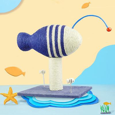 Blue and white striped fish-shaped sisal cat scratching post with a purple base, next to a black and white cat. - Image 5