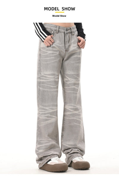 Jeans Rectos Desgastados a Mano Gris Mud con Rayas Retro - Image 13