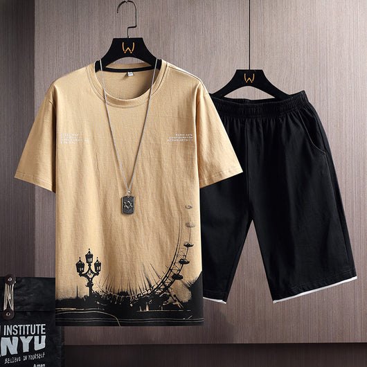 Conjunto Deportivo Hombre: Camiseta Cuello Redondo + Short Suelto Algodón 100%