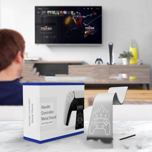 Silver metal gamepad display stand with a white outline graphic of a gaming controller on the front. - Image 12