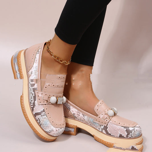 Zapatos Retro Talla Grande con Tacón Bajo y Perlas Combinadas