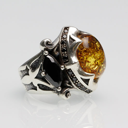 Anillo de Plata 925 Retro con Piedra Negra y Ámbar - Image 2