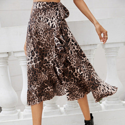 Falda Sexy Estampado Leopardo Irregular con Volantes y Cordones - Image 3