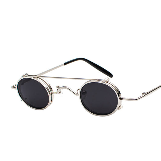 Retro round sunglasses with vibrant red lenses and a black metal frame, featuring a unique flip-up design. - Image 9