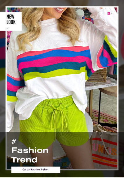 Camiseta Holgada de Rayas a Contraste con Hombros Caídos - Image 13