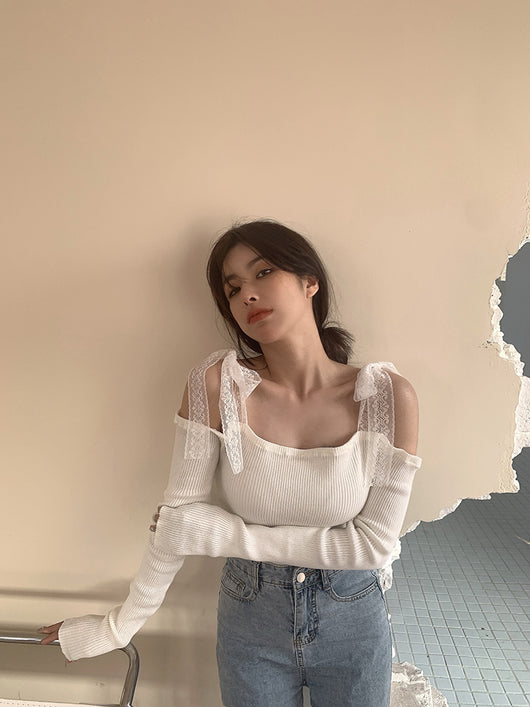 Suéter de Encaje Bandage Hombro Descubierto Sexy - Image 22