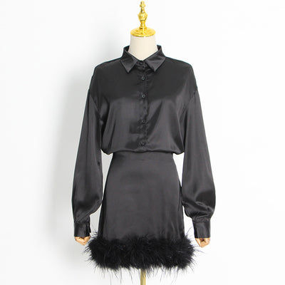 Vestido Camisero Satinado con Plumas - Manga Larga Color Sólido - Image 10