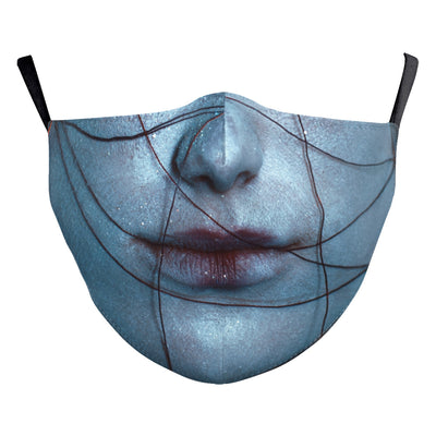 Blue face mask with a printed design of a face featuring red lips and a dark blue nose, with black ear loops. - Image 13