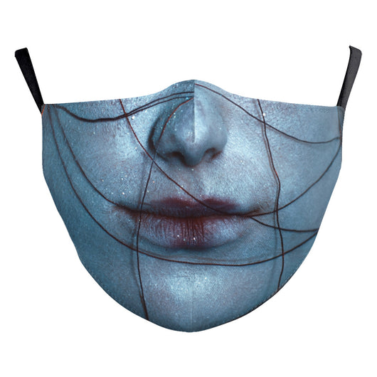 Blue face mask with a printed design of a face featuring red lips and a dark blue nose, with black ear loops. - Image 13
