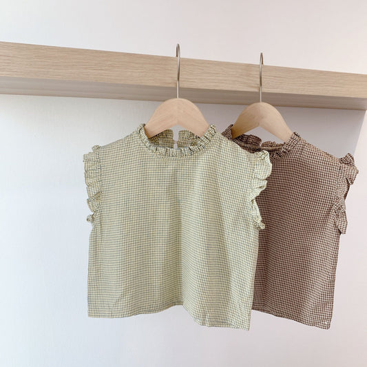 Blusa Sin Mangas a Cuadros con Detalles de Orejas de Madera y Encaje