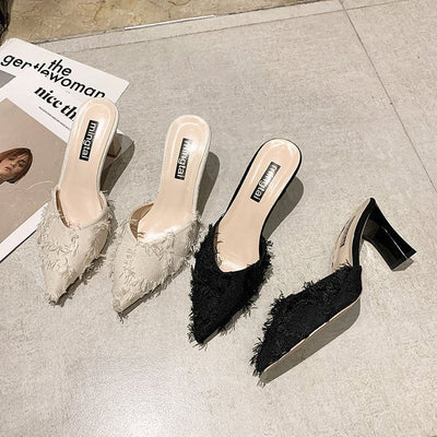 Sandalias y Pantuflas Tipo Baotou con Tacón Medio y Punta Afilada para Mujer