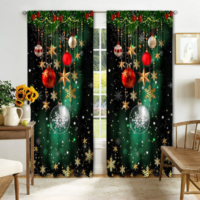 Digital printed Christmas curtains with a festive garland design, red ornaments, bows, and berries, on a white background. - Image 14