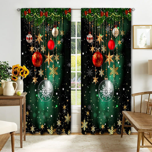 Digital printed Christmas curtains with a festive garland design, red ornaments, bows, and berries, on a white background. - Image 14