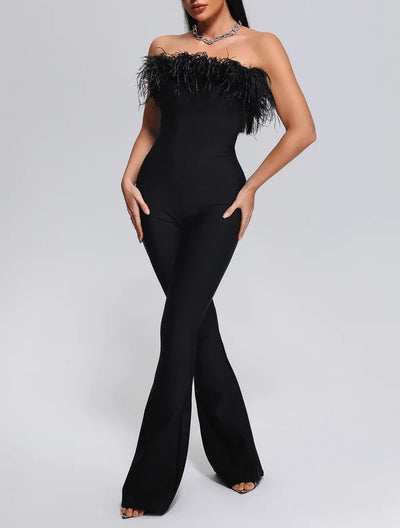 Jumpsuit Largo Elegante con Plumas y Moño Reductor - Image 2