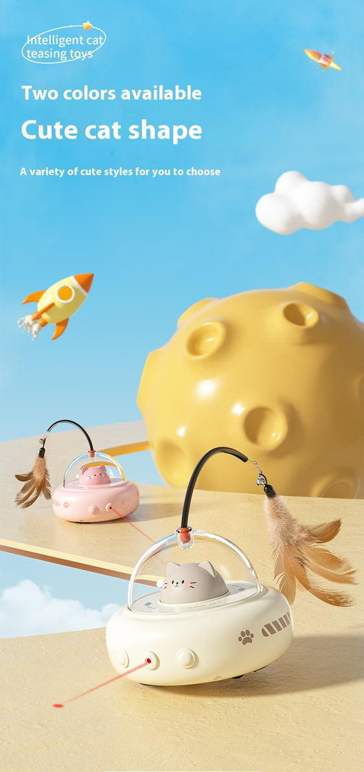 Pink electric UFO cat teaser toy with a clear dome, a cute pink cat head, and a feather wand with a bell. - Image 11