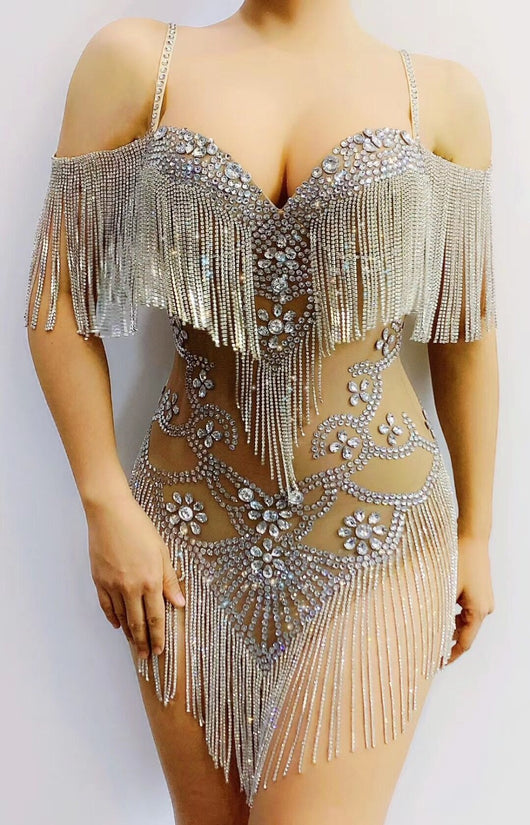 Traje de Baile Latino Brillante con Flecos y Malla Elástica - Image 5