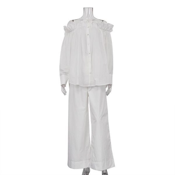 Conjunto Elegante Blusa Blanca Hombro Descubierto con Pantalón Ancho - Image 6