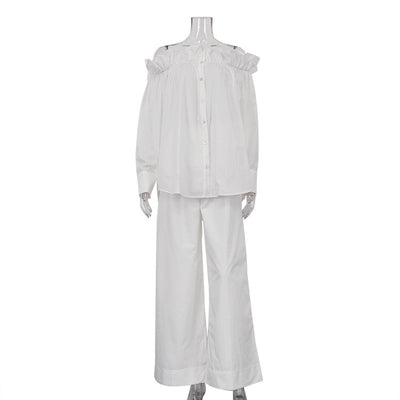 Conjunto Elegante Blusa Blanca Hombro Descubierto con Pantalón Ancho - Image 6